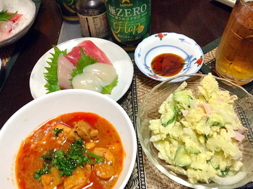 ボテトサラダ＆チキンのトマト煮込み＆お刺身|まぐろさん