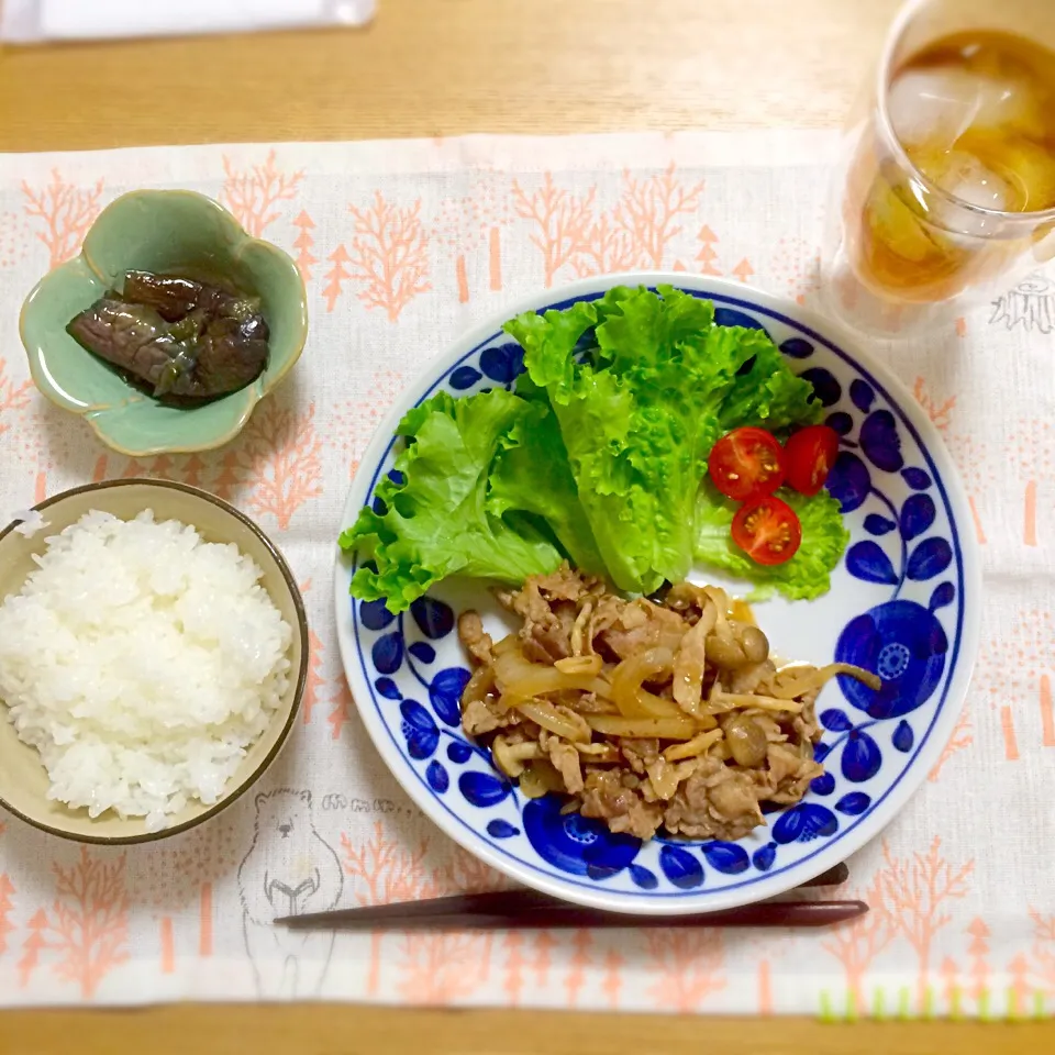 豚肉としめじのにんにくポン酢炒め、茄子の煮浸し|sayuさん