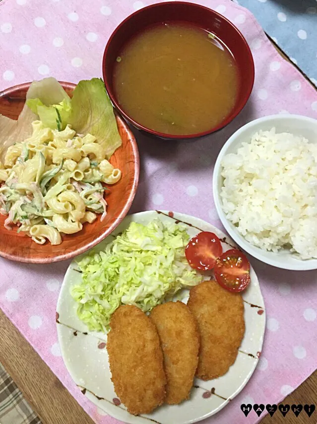 クリームグラタンコロッケ  マカロニサラダ  ご飯  大根と絹さやの味噌汁|⁑葉月⁑さん