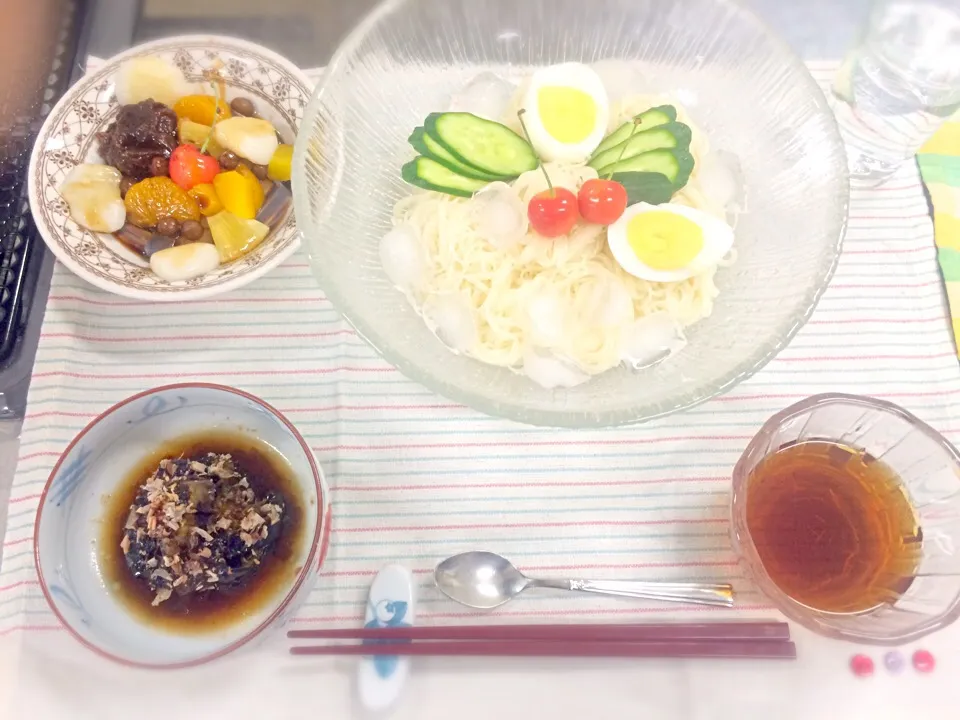 Snapdishの料理写真:七夕そうめんと茶筅茄子とあんみつ|ゆうかさん