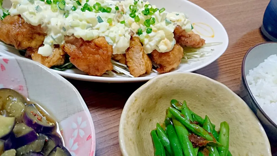 Snapdishの料理写真:・チキン南蛮
・茄子の和風マスタード煮
・いんげん豆のおかか和え|ようかんさん