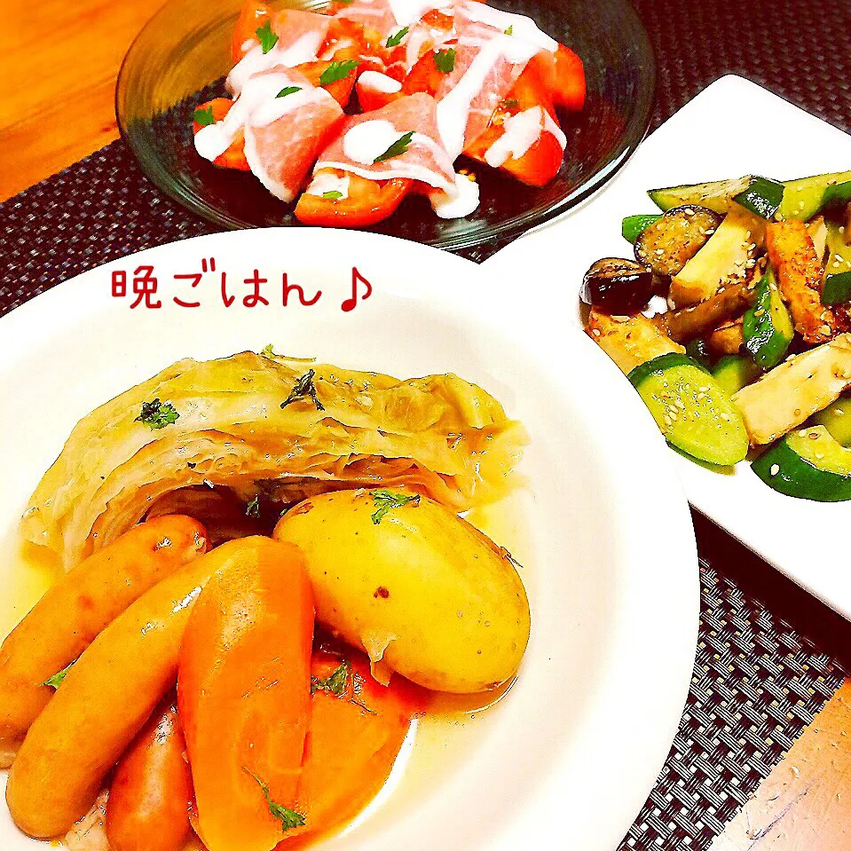 今夜のごはん♡ポトフ・きゅうりと厚揚げの炒め物・生ハムトマト(*^^*)|ばろんさん