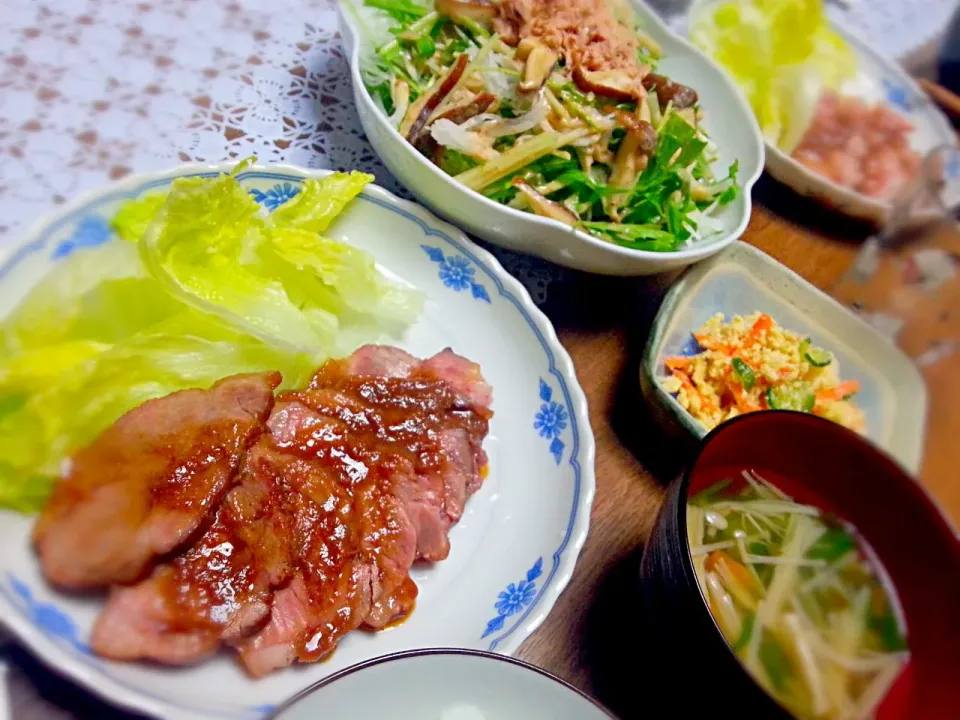 7/7の晩ご飯☆焼き豚・水菜と大根のサラダ・おからのポテサラ風・中華スープ|なべちゃんさん