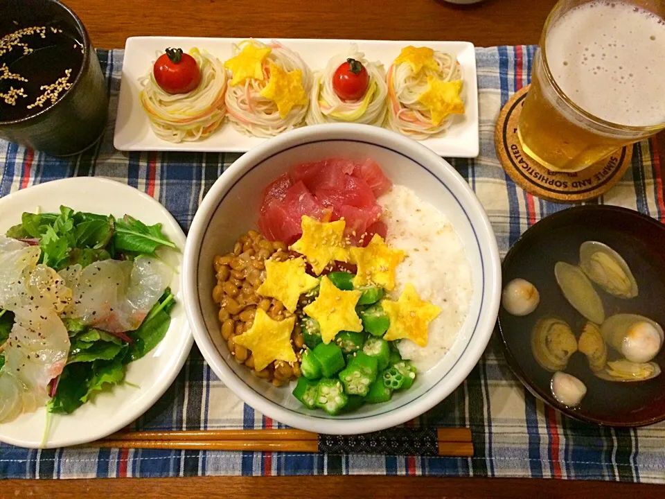 ネバネバ丼  あさりのお吸い物     鯛のカルパッチョ 素麺|haseseさん