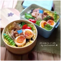 Snapdishの料理写真:豚角煮丼のお弁当   半熟ゆで卵のお話