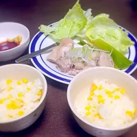 蒸し鶏の辛子醤油、とうもろこし御飯|fumiさん