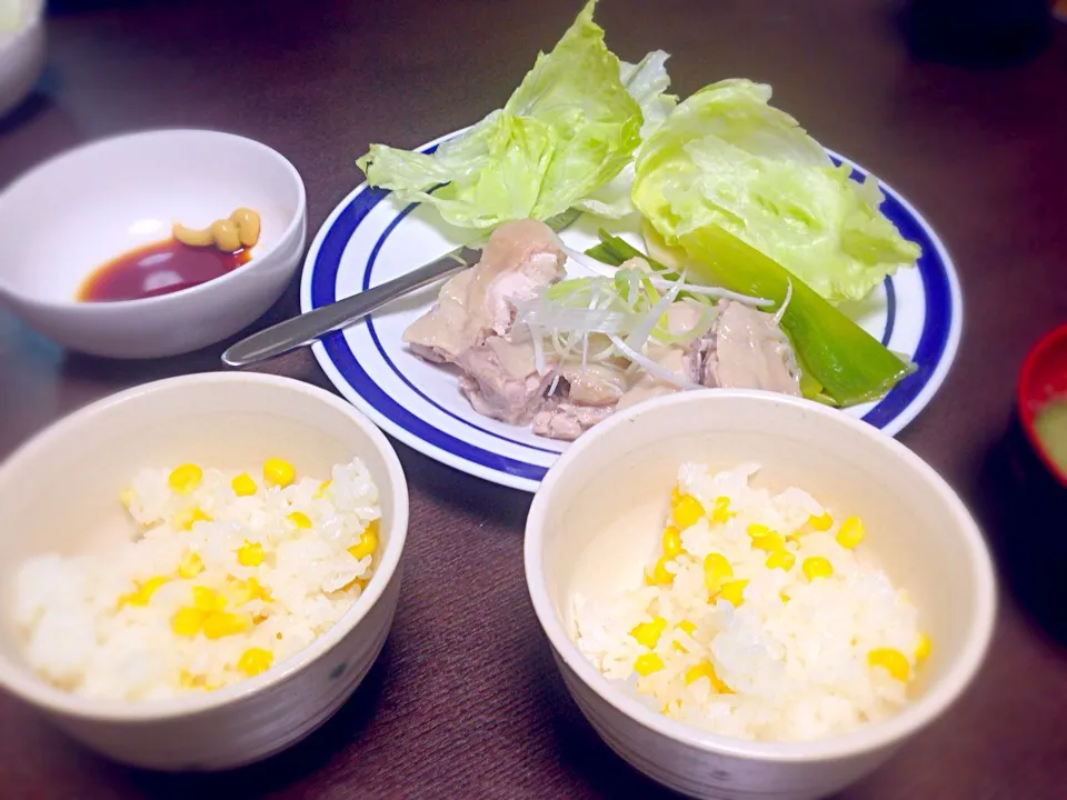 蒸し鶏の辛子醤油、とうもろこし御飯|fumiさん