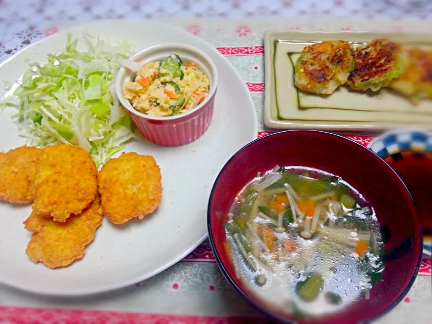 7/8の晩ご飯☆豆腐入りチキンナゲット・おからのポテサラ風・大根餅・野菜スープ|なべちゃんさん