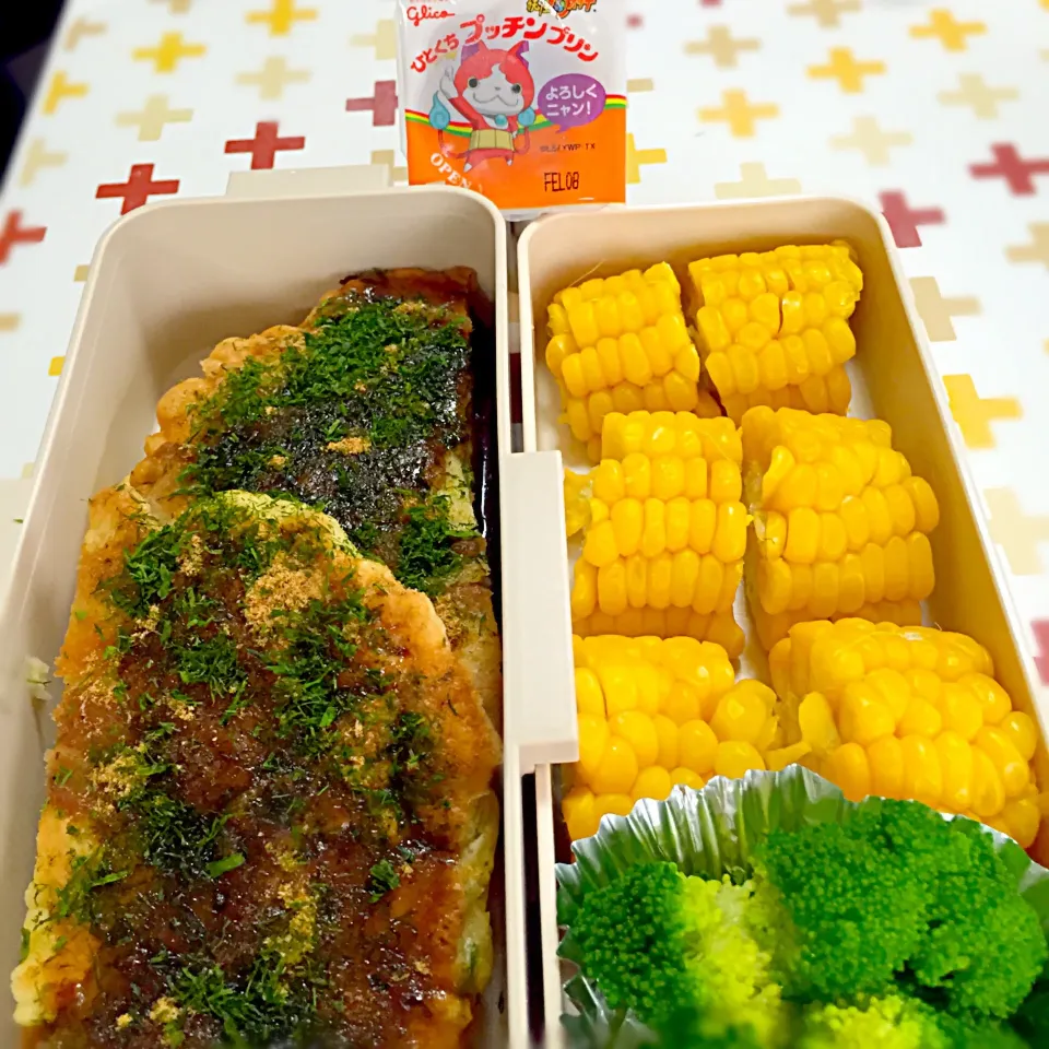 2015/7/9(木)お弁当⭐️昨夜のお好み焼→お弁当にも入れて〜丸いお弁当箱欲しい(^｡^)|のりさん８３さん