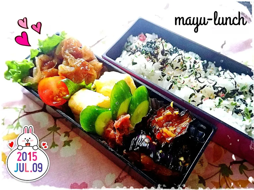 娘弁当❤豚肉の生姜焼き・だし巻き・きゅうりの即席漬け梅肉添え・香味野菜たっぷり茄子の揚げ煮🌟|まゆさん