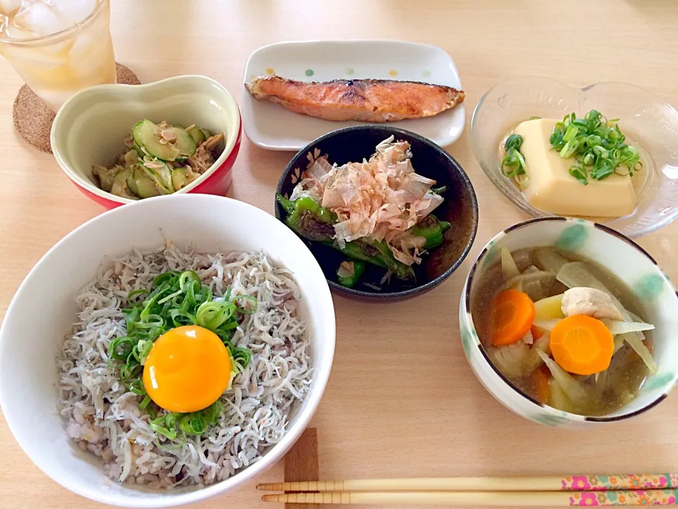 焼き鮭、きゅうりとツナの酢の物、ししとう、卵豆腐、しらす丼、けんちん汁|りょうさん