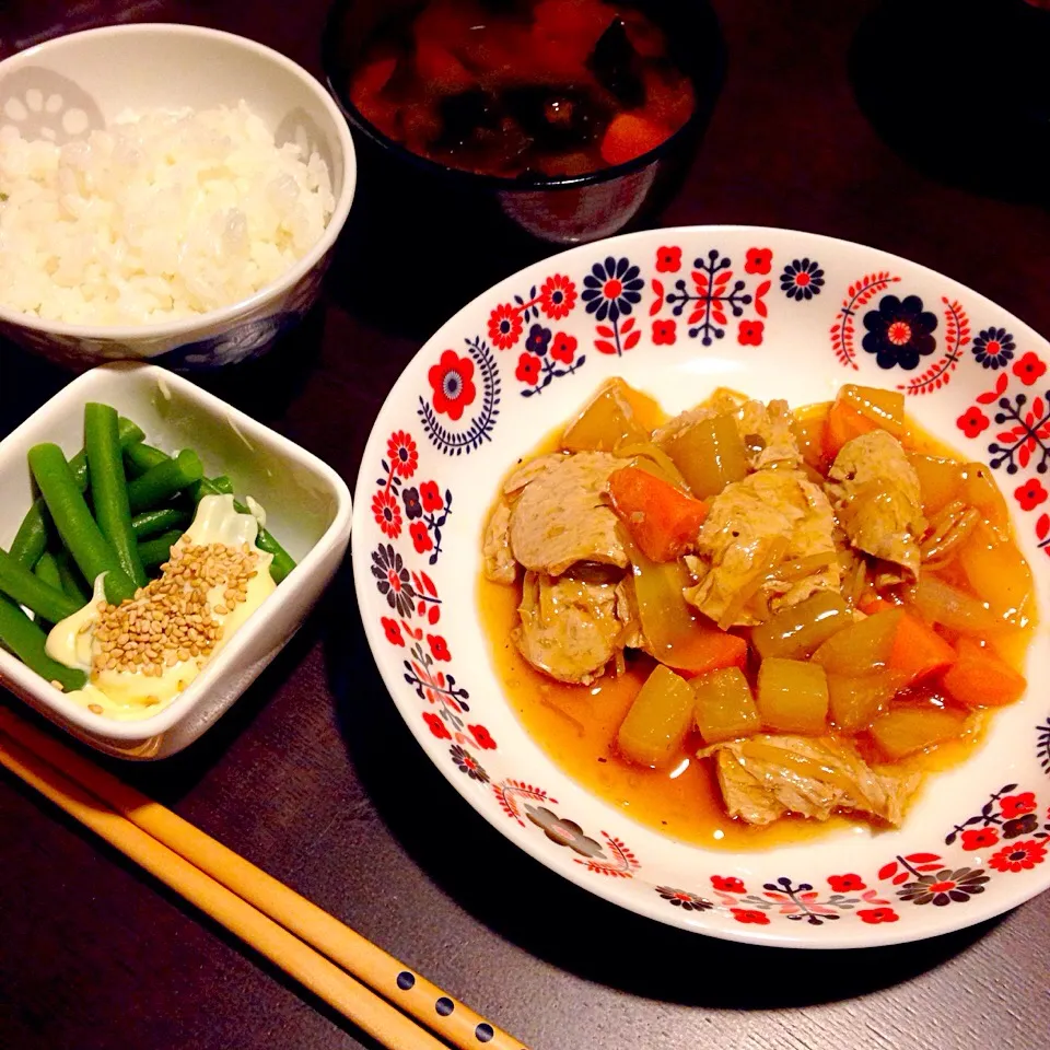 ソイミートと野菜の甘酢あんかけ、味噌汁、いんげんゴママヨ|ぼぶさん