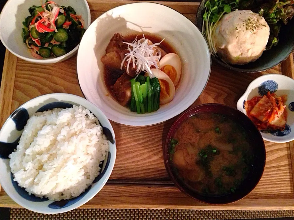 豚の角煮、タラモサラダ、酢の物、茄子のお味噌汁|ayumiさん