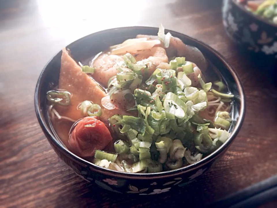 厚揚げと梅干しと蒟蒻とネギの煮麺|トキロックさん