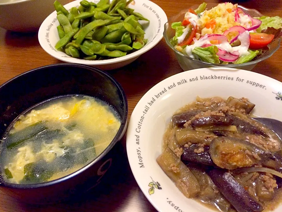 晩御飯✩⃛麻婆茄子！中華スープ！ポテトサラダ！枝豆！|なっちゃんさん