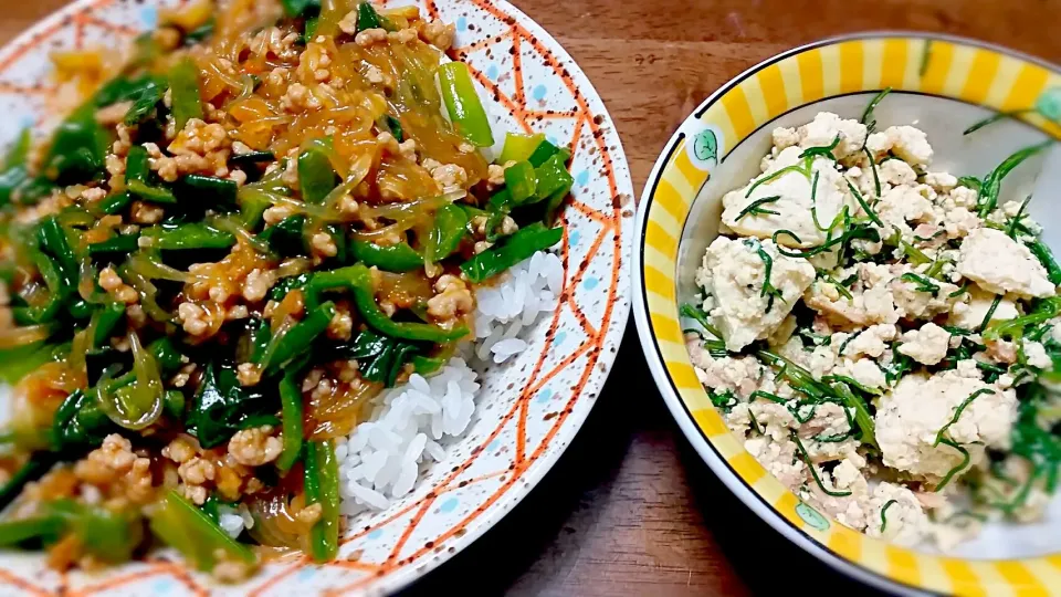 野菜たっぷり麻婆春雨丼とオカヒジキの豆腐チャンプルー(^.^)|🌾🌾🌾さん