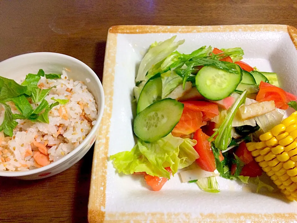 夏野菜サラダと鮭ご飯|💖ちーちゃん💖さん