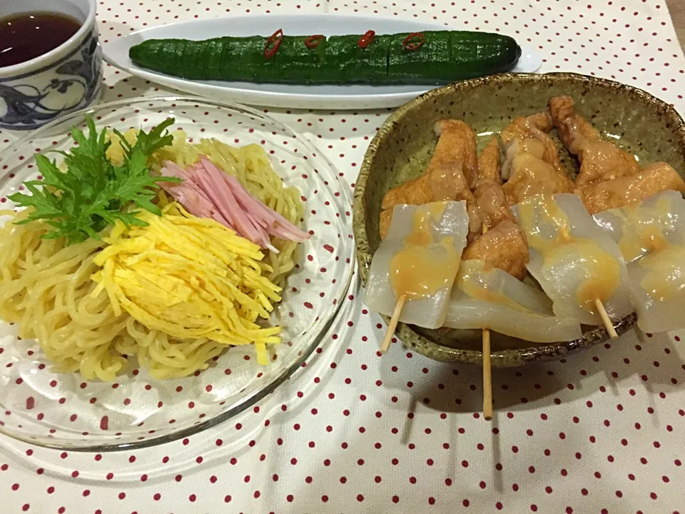 Snapdishの料理写真:冷やし中華風 つけ麺・北海道名物みそおでん・蛇腹キュウリの漬け物|まーままさん