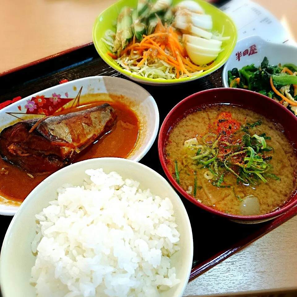 鯖の味噌煮,サラダ,菜の花の煮びたし,ハーフ豚汁,めし（ミニ）|プチテンよすさん