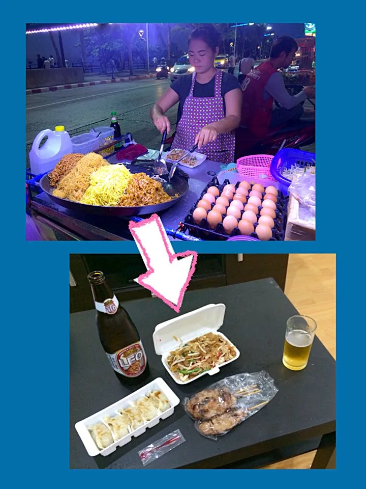 タイの屋台料理 焼きそば、豚串、餃子、タイのビールLEO|pentarouさん