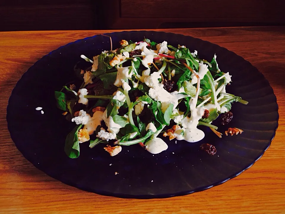 Baby leaves, walnuts and raisins salad with cream cheese dreasing|Vanessa Hasebeさん