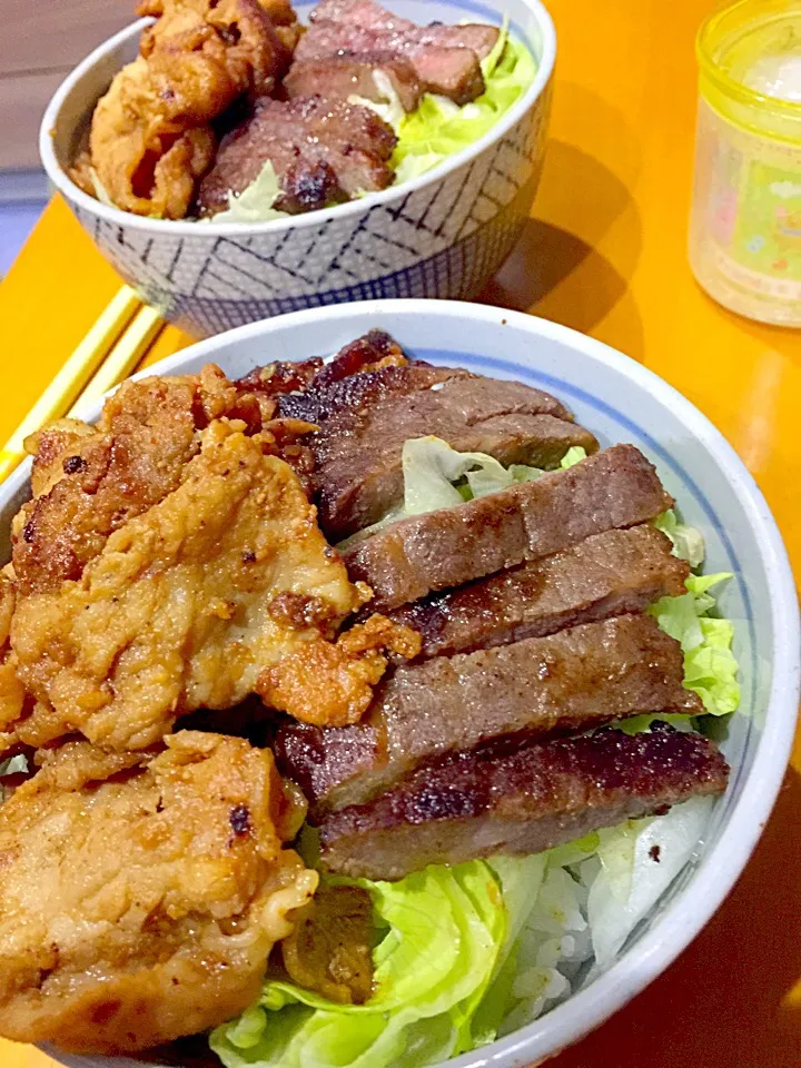 🐮牛  ＆  🐷豚   ステーキ焼肉丼   レタスの千切りを添えて|ch＊K*∀o(^^*)♪さん