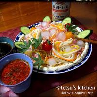 オヤジ特製☆彩菜ざるうどん♪ つゆは鬼辛とノーマルのＷつゆでいただきます！with福岡づくり🍺