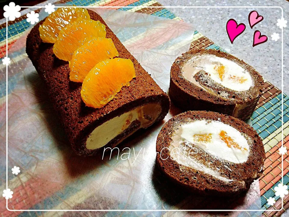 オレンジのチョコシフォンロールケーキ❤生クリーム柔らかすぎたぁ～( ´△｀)|まゆさん