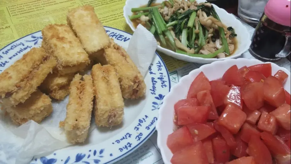 豆腐挟み揚げ☆キノコと小松菜炒め☆トマトマリネ|みぽりんさん