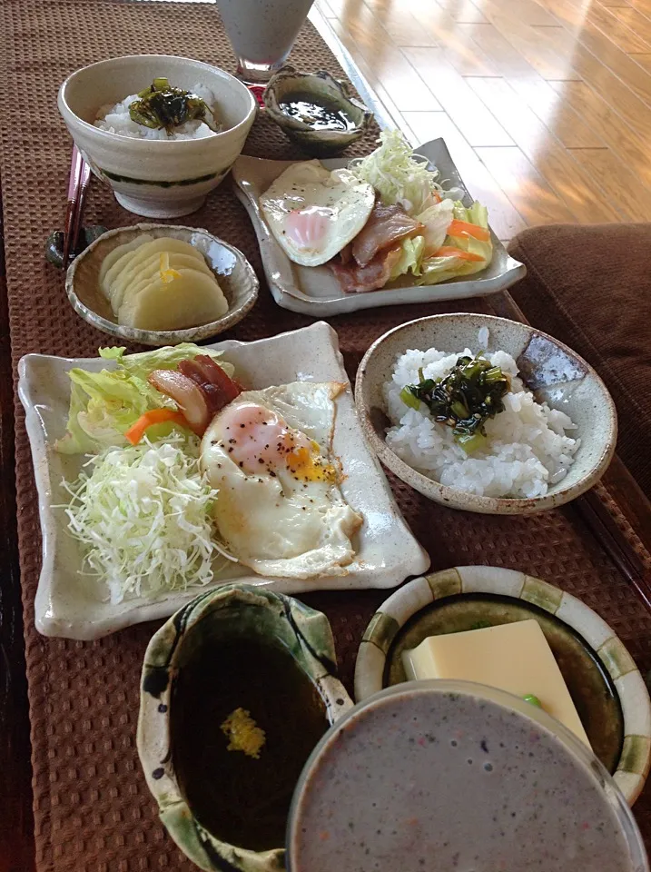 Snapdishの料理写真:野沢菜昆布のせご飯  ベーコンエッグ  卵豆腐  柚もずく 小松菜と人参とバナナとブルーベリーと豆乳スムージー|izunさん