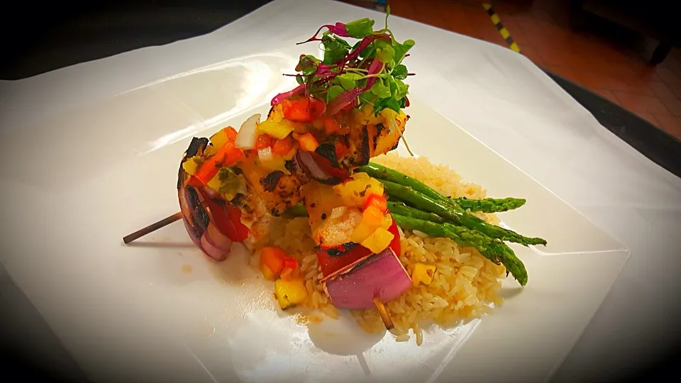 Caribbean swordfish kabobs over vanilla scented jasmine rice and asparagus|Chef Guidaさん