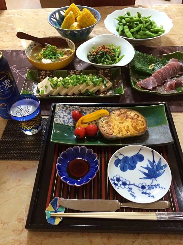 和食！！ヘルシー。目玉は茄子のステーキ！大きなとろり茄子が手に入ったので、ポン酢でステーキに|直サーファーさん