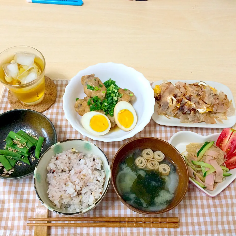 手羽元と卵の甘酢煮、とん平焼き、春雨サラダ、味噌汁、雑穀米、インゲンのおひたし|りょうさん