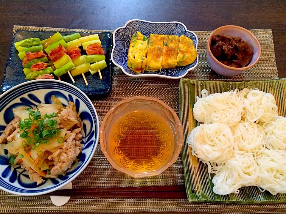 生姜焼き  アスパラベーコン   卵焼き   牛肉とごぼうのしぐれ煮   素麺|NAKATAさん