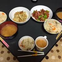 Snapdishの料理写真:炊き込み御飯・アスパラベーコン・笹かま入りじゃがトロ|うるしちかさん