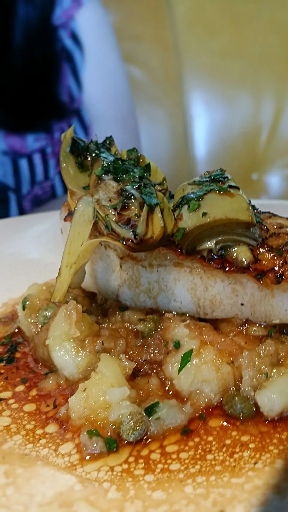 roasted black cod with crushed potatoes, salted capers, artichoke, red wine and lemon sauce|jorccyさん