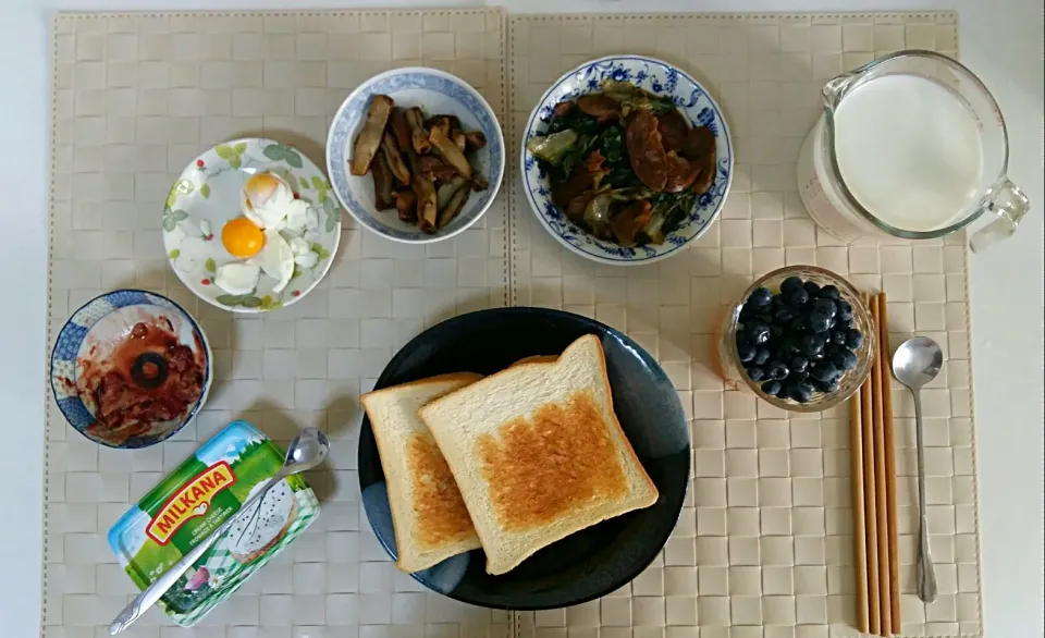 Breakfast for an adult and a kid: furu(tofu made), fried lattuce with sausage, stewed pork with Chinese long beans, boiled eggs, milk, toast, cream cheese.|Liciaさん