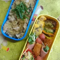 Snapdishの料理写真:#愛妻弁当？#恐妻弁当
#炊き込みご飯
#また１週間の始まり
#暑い---|まちゃこさん