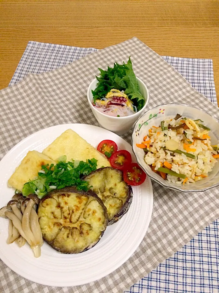 豆腐ステーキ&タコの春雨サラダ&山菜ごはん|マメタロウさん