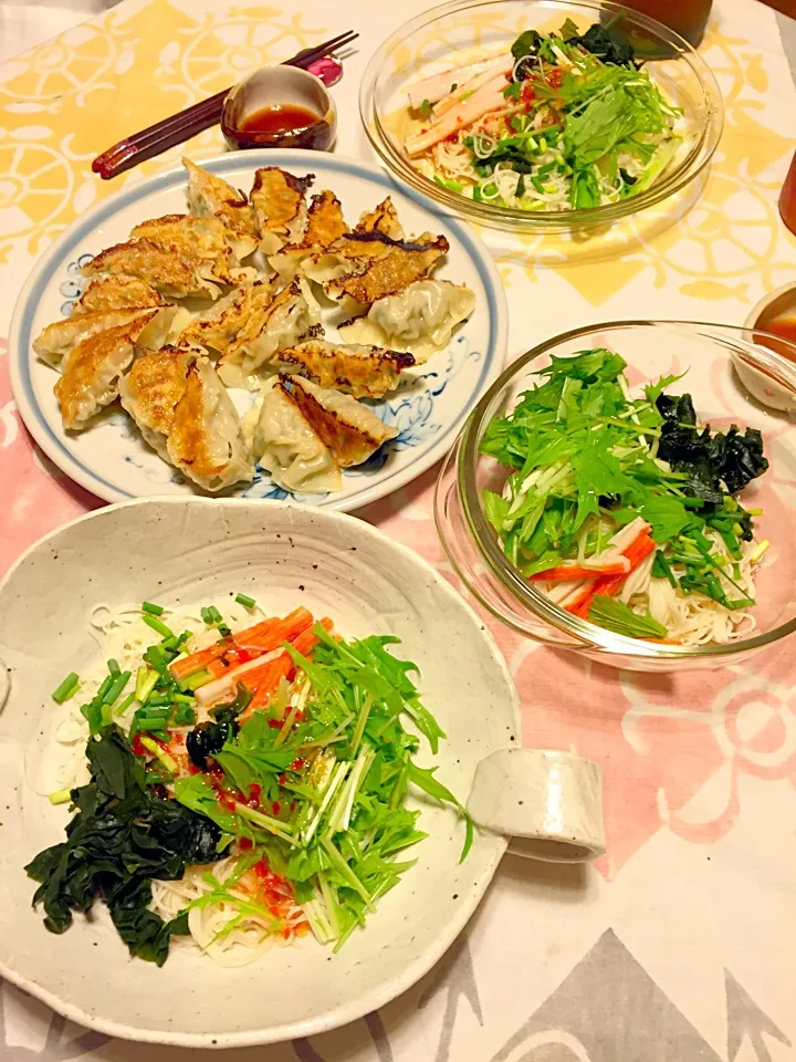 昨日の夕ご飯💕餃子とサラダ素麺´◡`|さくたえさん