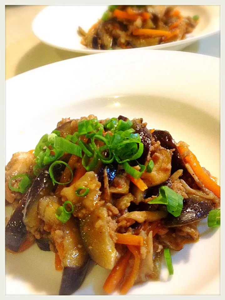 ナスとひき肉の味噌辛味炒め。Fried eggplant and minced meat, taste of Japanese Miso and Doubanjiang|toyamadaさん