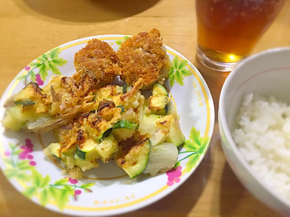 にぎにぎトンカツ&夏野菜のかき揚げ♡|苺さん