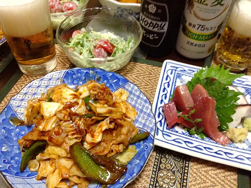 Snapdishの料理写真:鰹とタコの頭のお刺身＆水菜のサラダ＆回鍋肉|まぐろさん