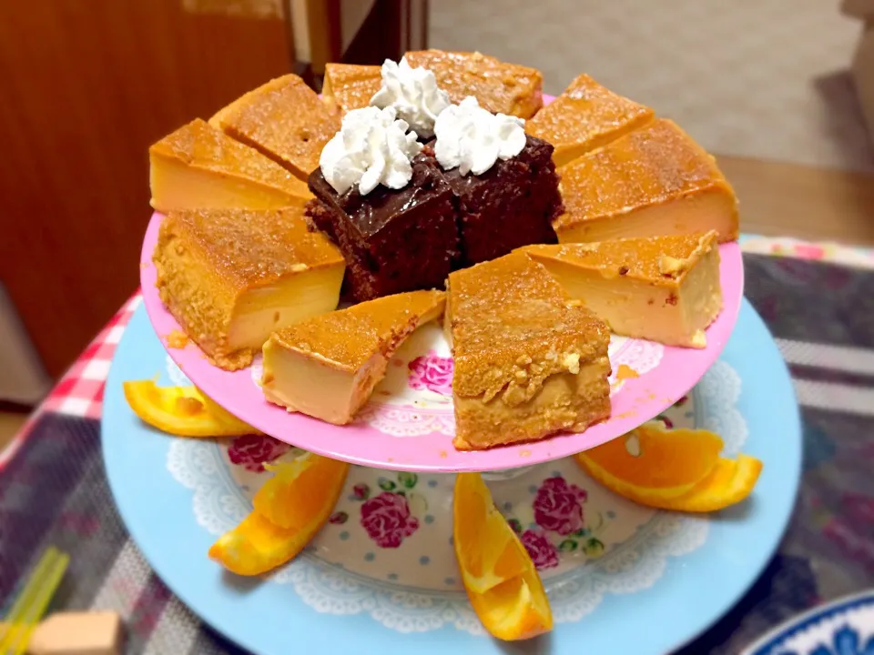 Dessert custard flan /letche flan  with left over chocolate cake and fresh orange for sweetness later|Babyluv Cabrera Ocampoさん