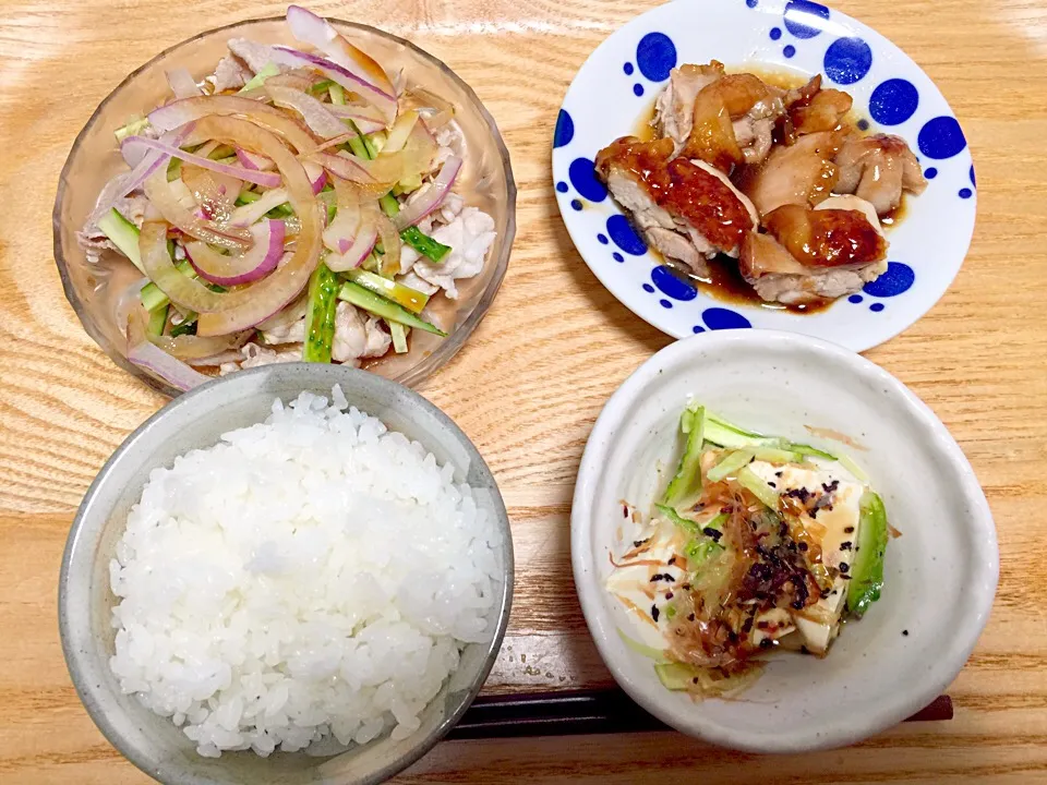 豚しゃぶサラダ、照り焼きチキン、冷奴✧*|Makiさん