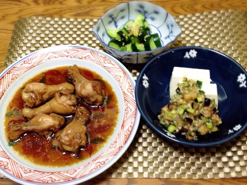 手羽元醤油煮・きゅうり浅漬け・だしかけ冷奴|美也子さん