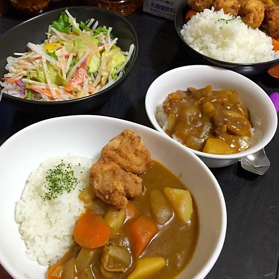 今日の晩ご飯は、薄切り肉のポークカレー唐揚げトッピング、大根サラダ。|ゆえさん