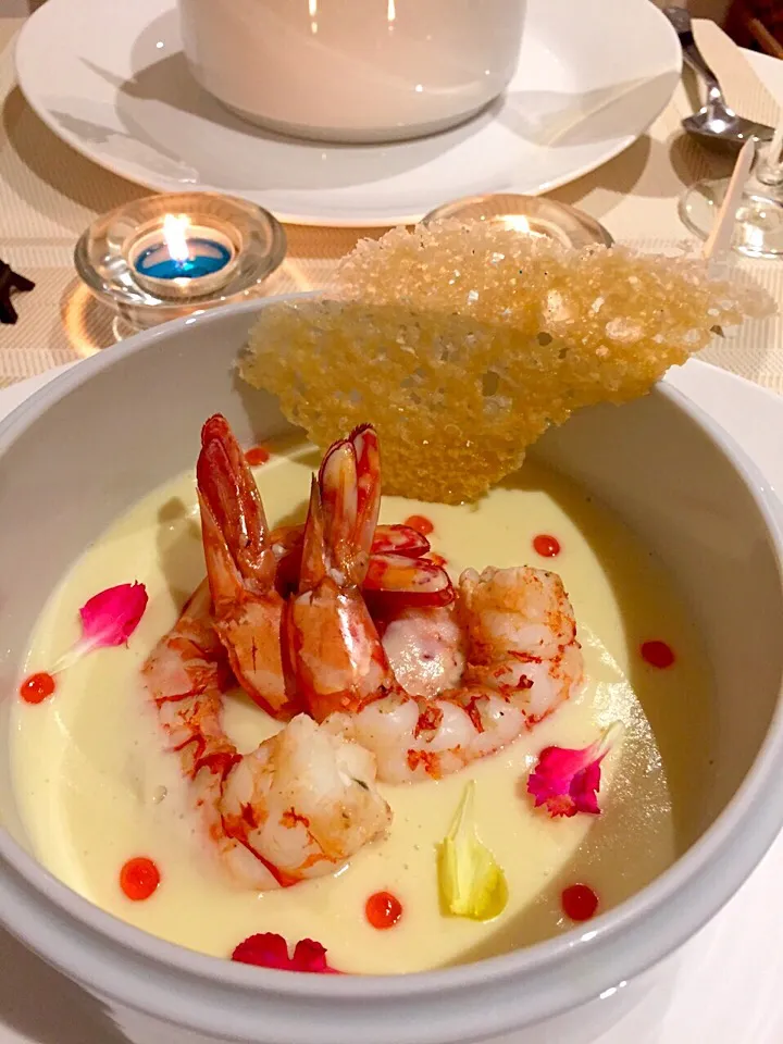 Snapdishの料理写真:Celeriac soup steaming prawn and parmesan crisp|Carol Diasさん