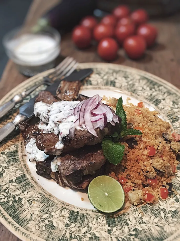 Snapdishの料理写真:Grilled cumin lamb chop,roasted eggplant and tomato couscous,minty yogurt|rick chanさん