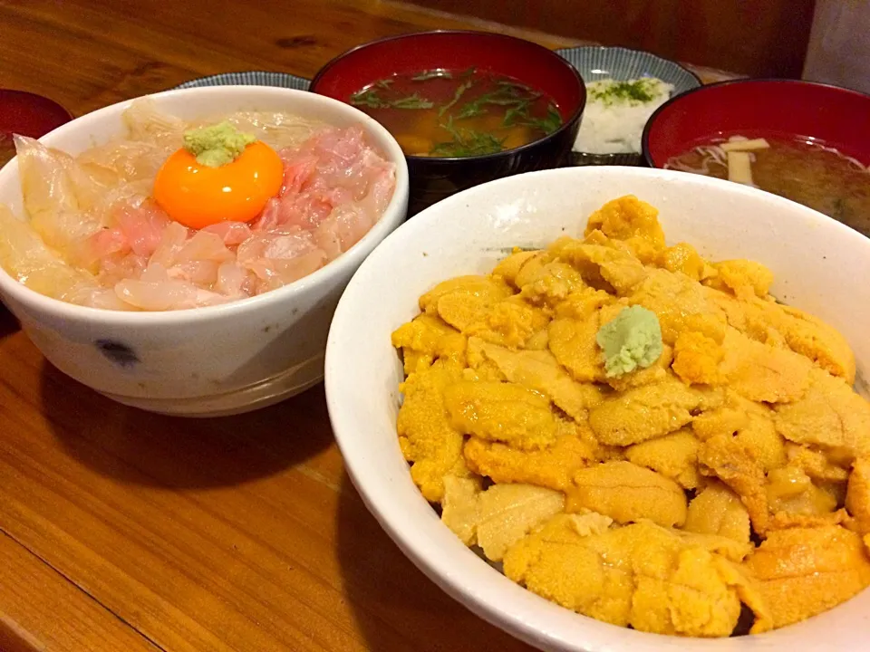 Snapdishの料理写真:ウニ丼とヒラメの漬け丼|ほくろさん